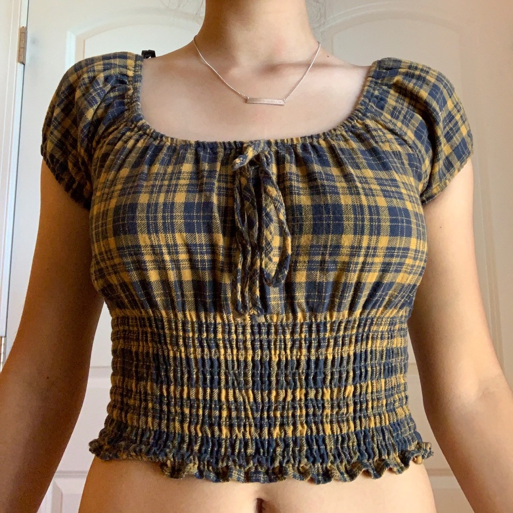forever 21 navy plaid smocked crop top small
